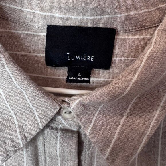 Lumiere striped button up long sleeve shirt dress tan and white women's size L - Picture 6 of 6